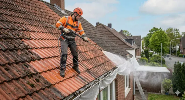 Dachreinigung mit Hochdruck auf einem Ziegeldach