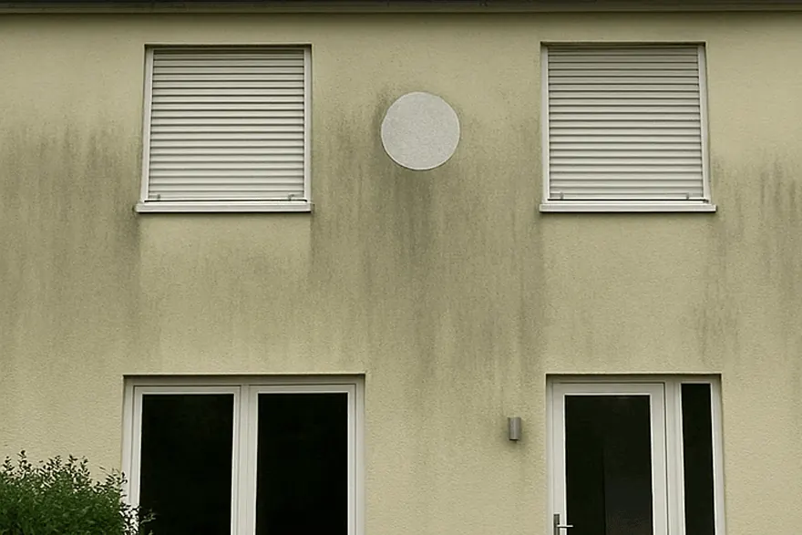 Fassade mit Algen und Witterungsspuren vor der Reinigung