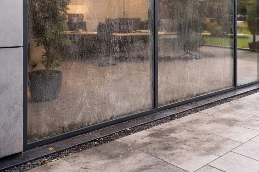Verschmutzte Glasfront vor der Glasreinigung