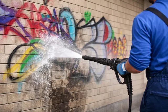 Entfernung von Graffiti an einer Klinkerwand