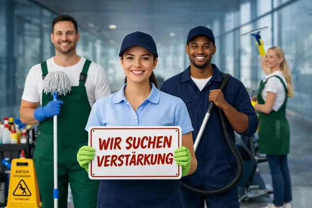 Reinigungsteam mit Schild „Wir suchen Verstärkung“